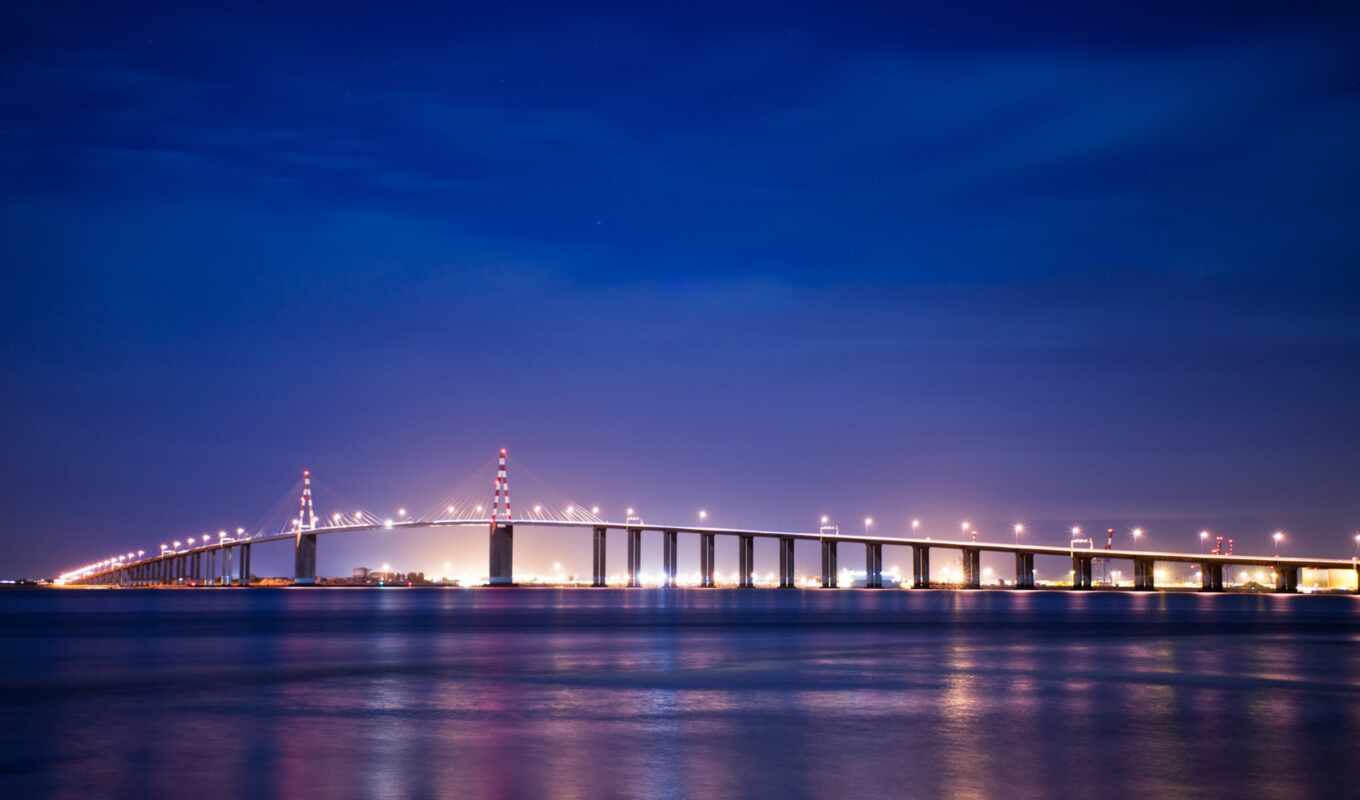 мост, франция, побережье, ночное, brittany, nazaire