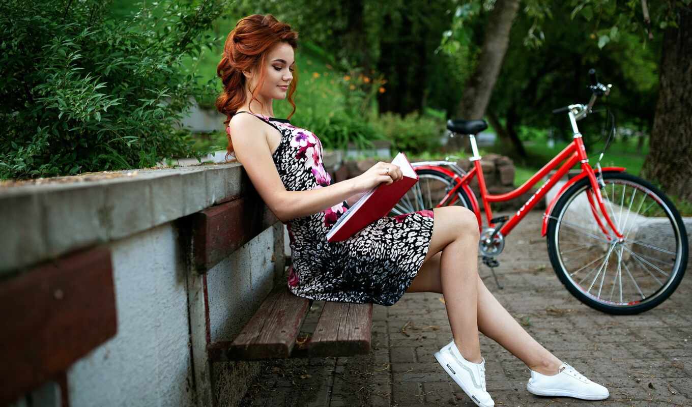 nature, girl, woman, book, model, dress, mood, park, bicycle