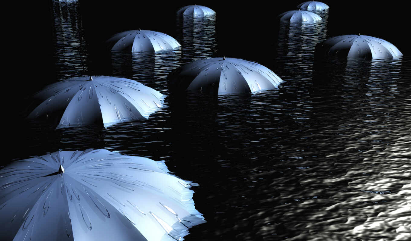 девушка, дождь, water, зонты, rendering, воде, фотообои