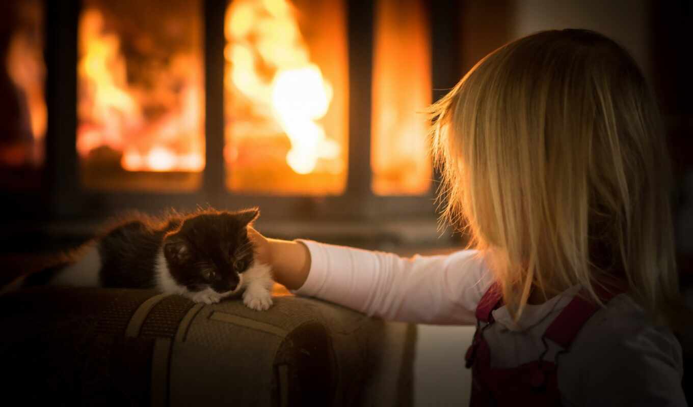 girl, background, cat, fireplace, fire, interior, kitty, kid, cozy