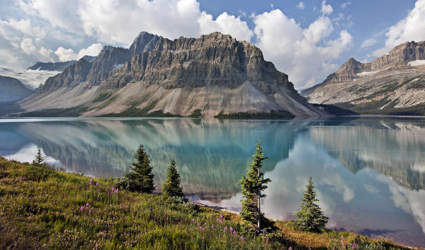 озеро, природа, небо, нравится, канада, trees, cvety, канадский, бою, горы