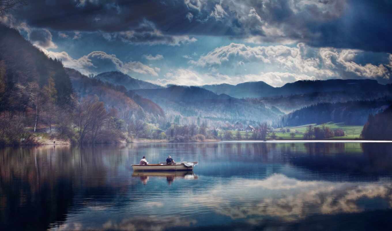 озеро, природа, небо, лес, осень, trees, лодка, рыбалка, красиво, oblaka, горы
