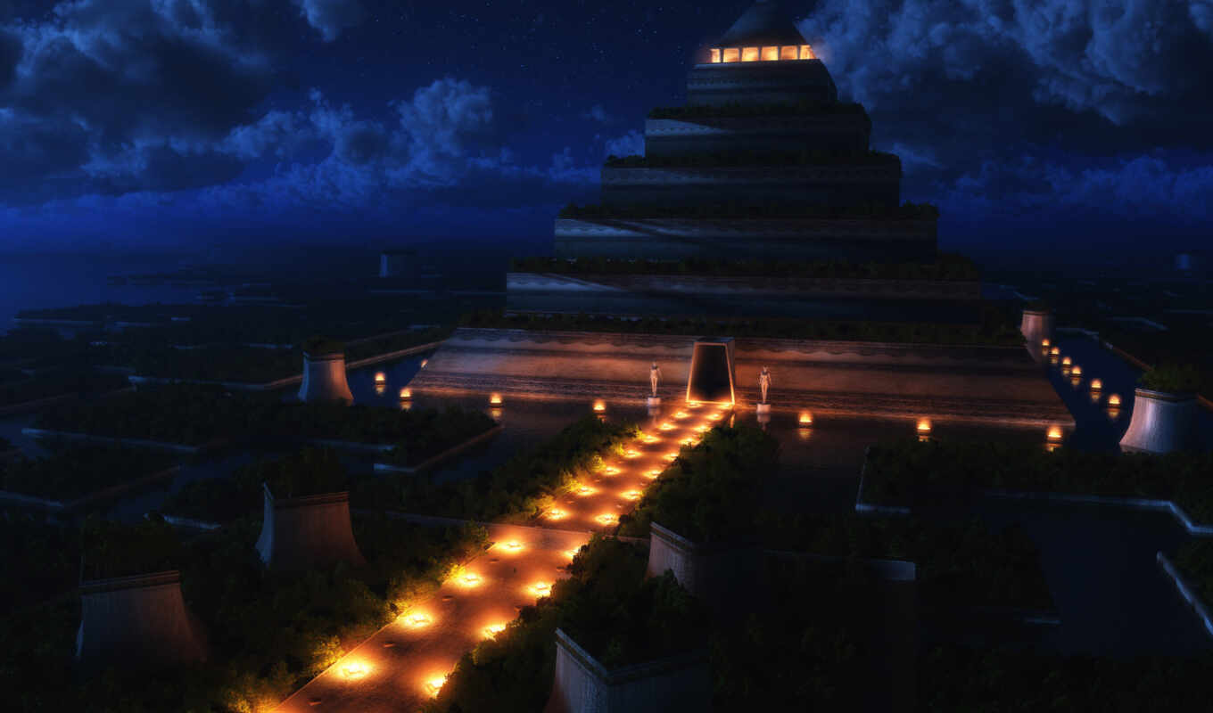 ночь, храм, пирамида, ночью