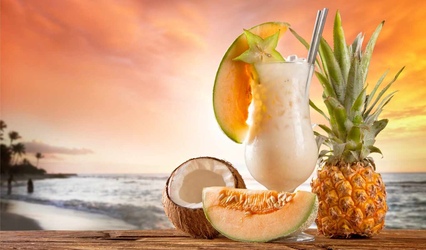glass, free, закат, пляж, море, плод, коктейль, meal, pineapple, мэлон
