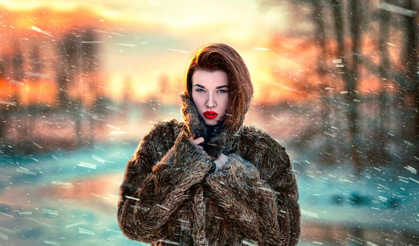 girl, photographer, snow, golden, wind, contest, fur coat, error