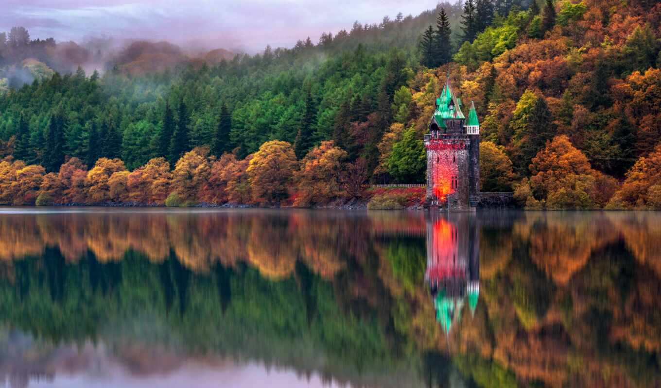 озеро, castle, осень, ук, vyrnwy, oir