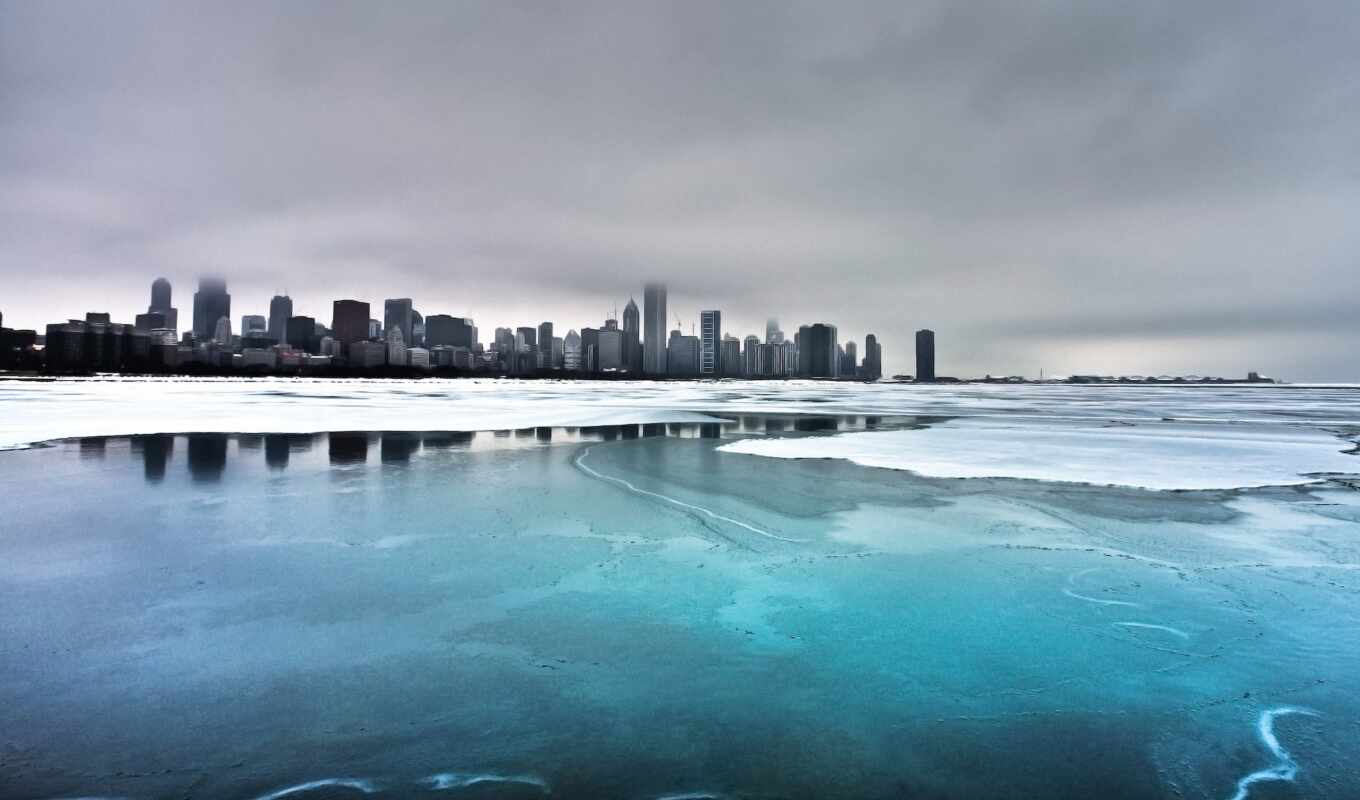 лед, город, water, города, стену, озере, chicago, фотообои, legenda