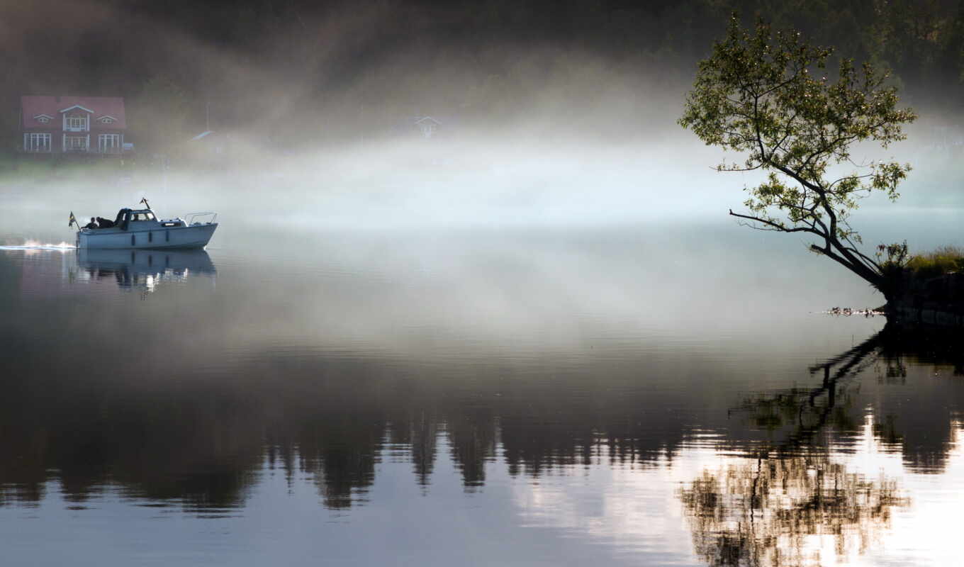 озеро, house, дерево, landscape, огни, утро, туман, отражение, лодка