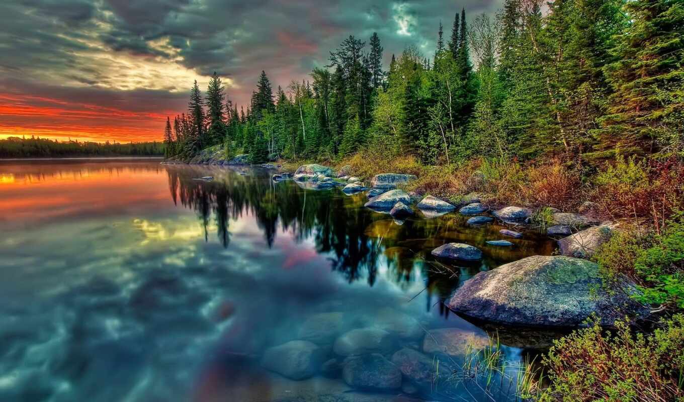 озеро, desktop, high, resolution, закат, лес, отражение