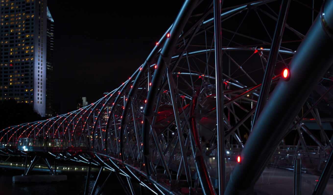 white, red, серый, ночь, мост, огни, singapore, марина, helix, nighttime