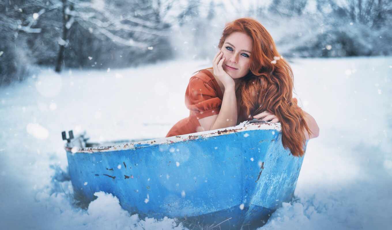 девушка, anime, снег, winter, лодка