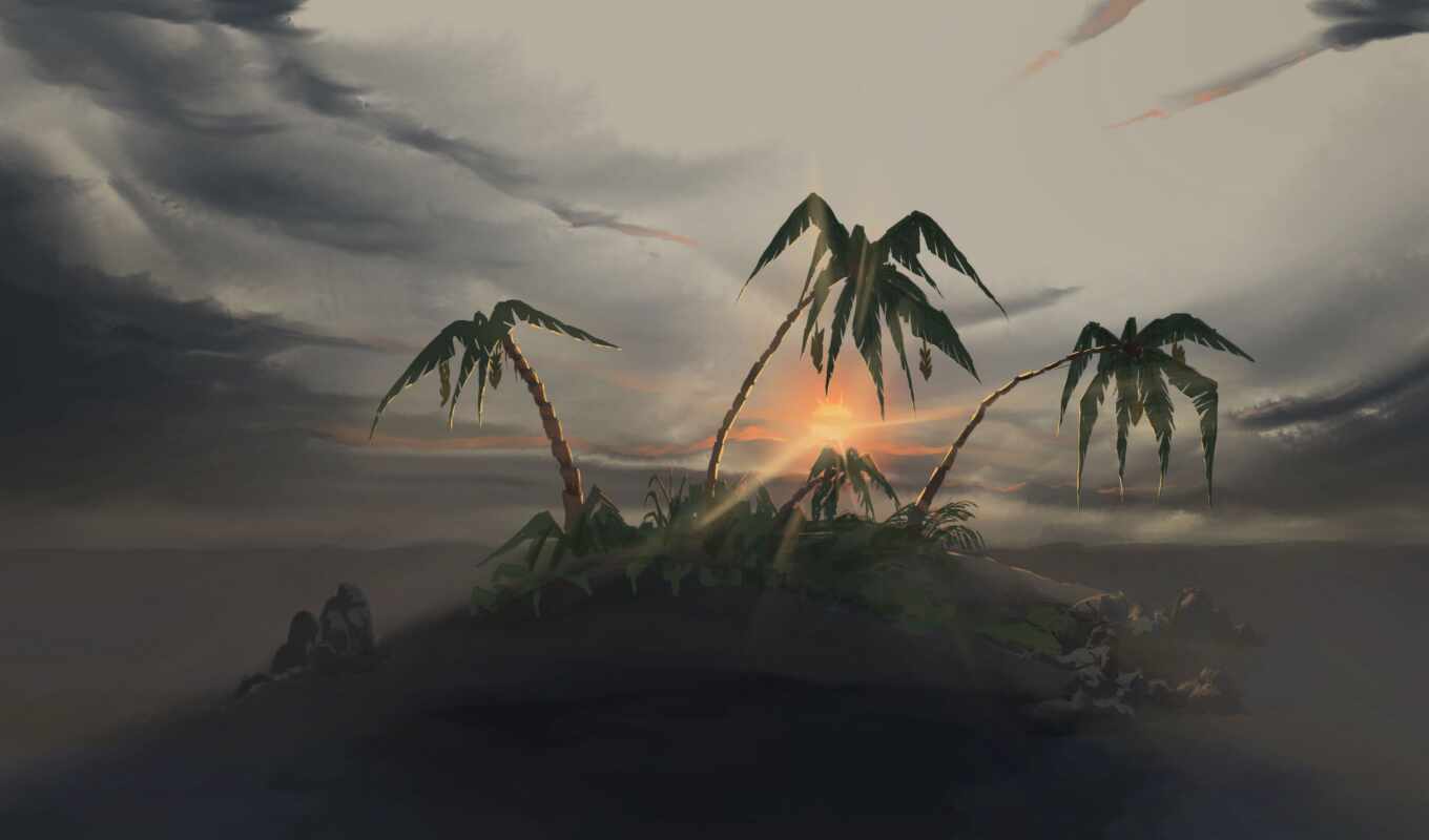 art, дерево, закат, пляж, море, palm, фоновая нагрузка