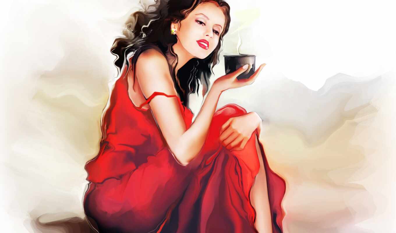 girl, woman, coffee, paint, red, brunette, dress, sit, hold, cup, nikitina
