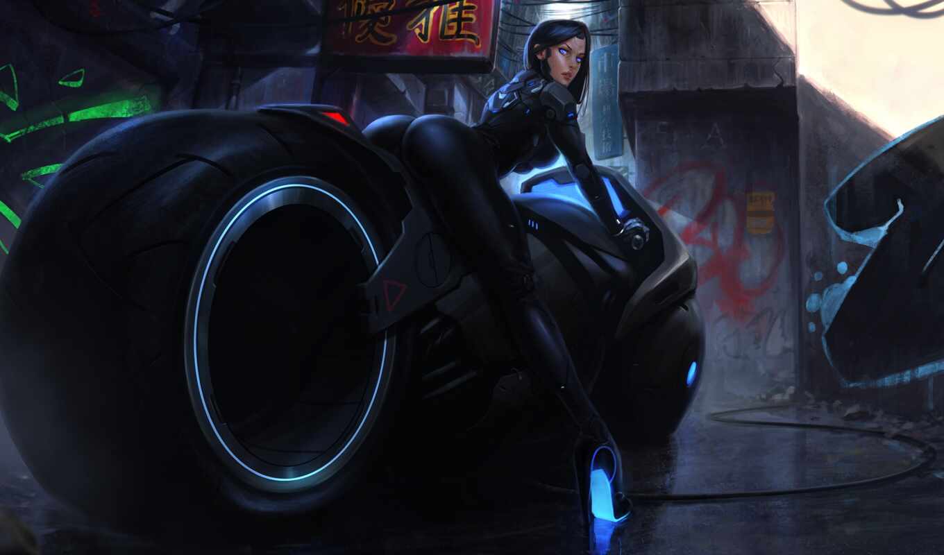 girl, bike, cyberpunk, the magician, art, cyborg, permission, fentezti