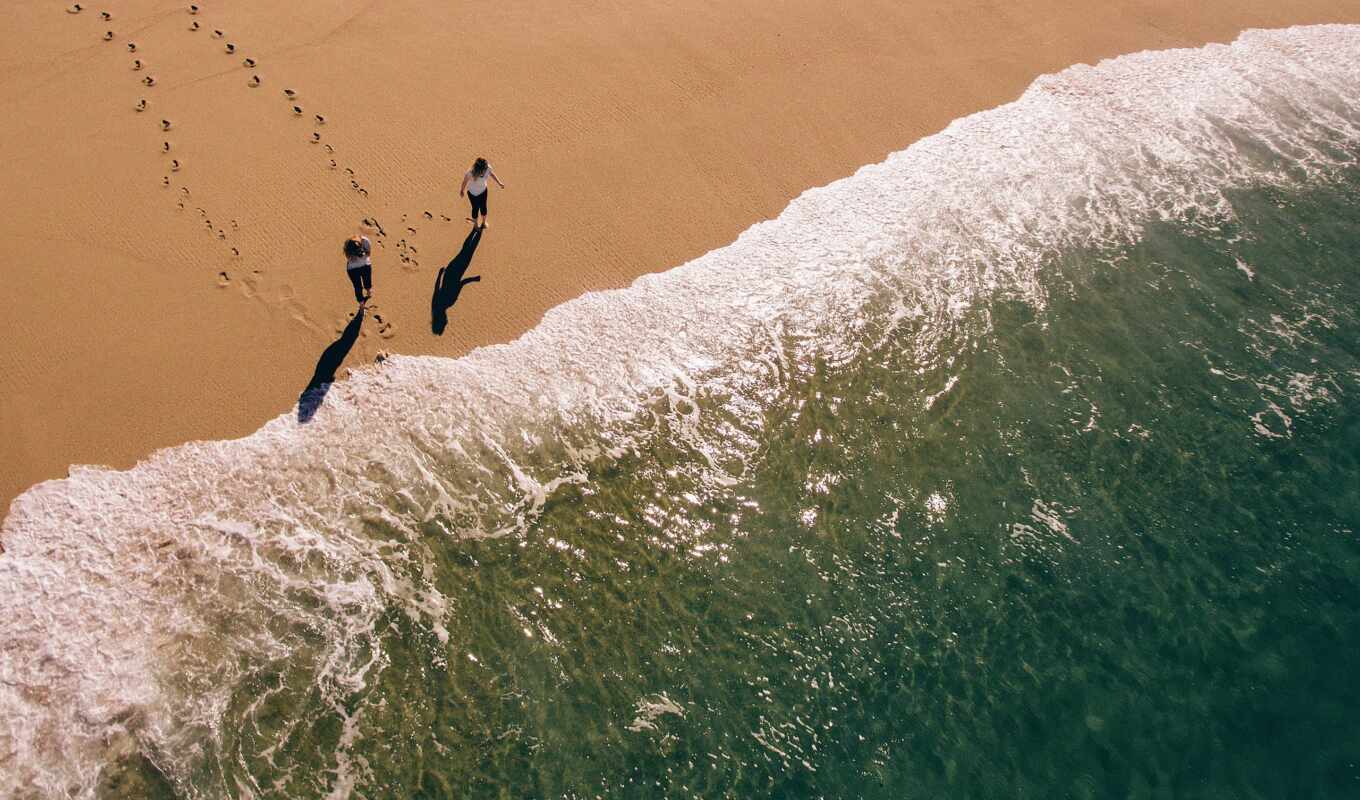 фото, лицо, пляж, прогулка, песок, ocean, два, vacation, id, drone, footprint
