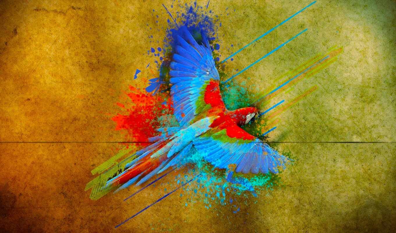 blue, paint, colors, red, green, hair, bird, a parrot, animal, fly, a wreath