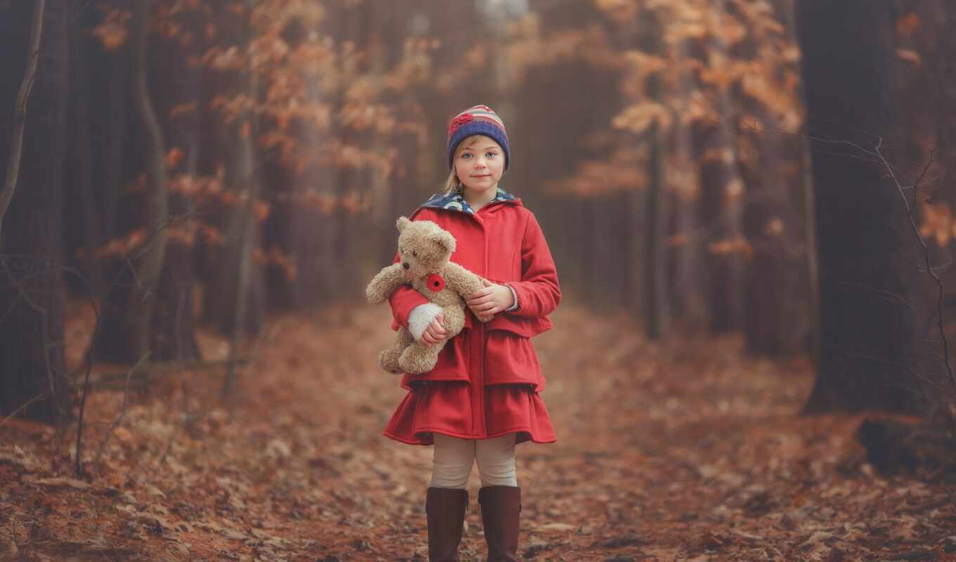 girl, forest, autumn, bear, toy, teddy