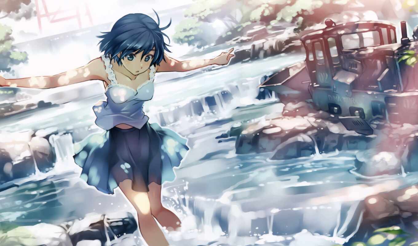 art, blue, girl, anime, water, hair, a train