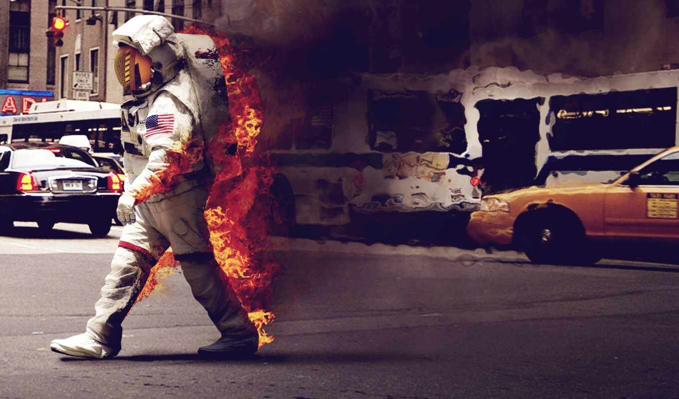 street, cosmonaut, burn, space suit