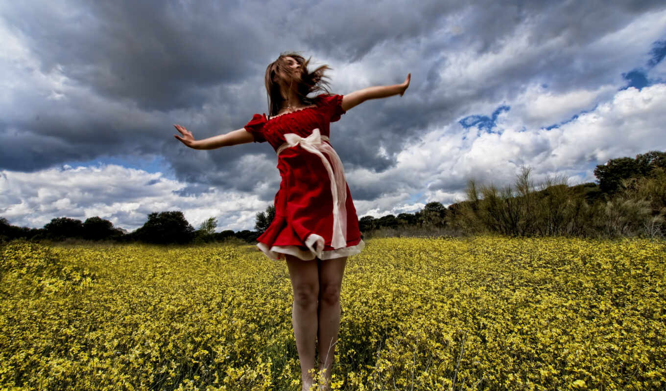 девушка, лето, поле, ветер, красное платье