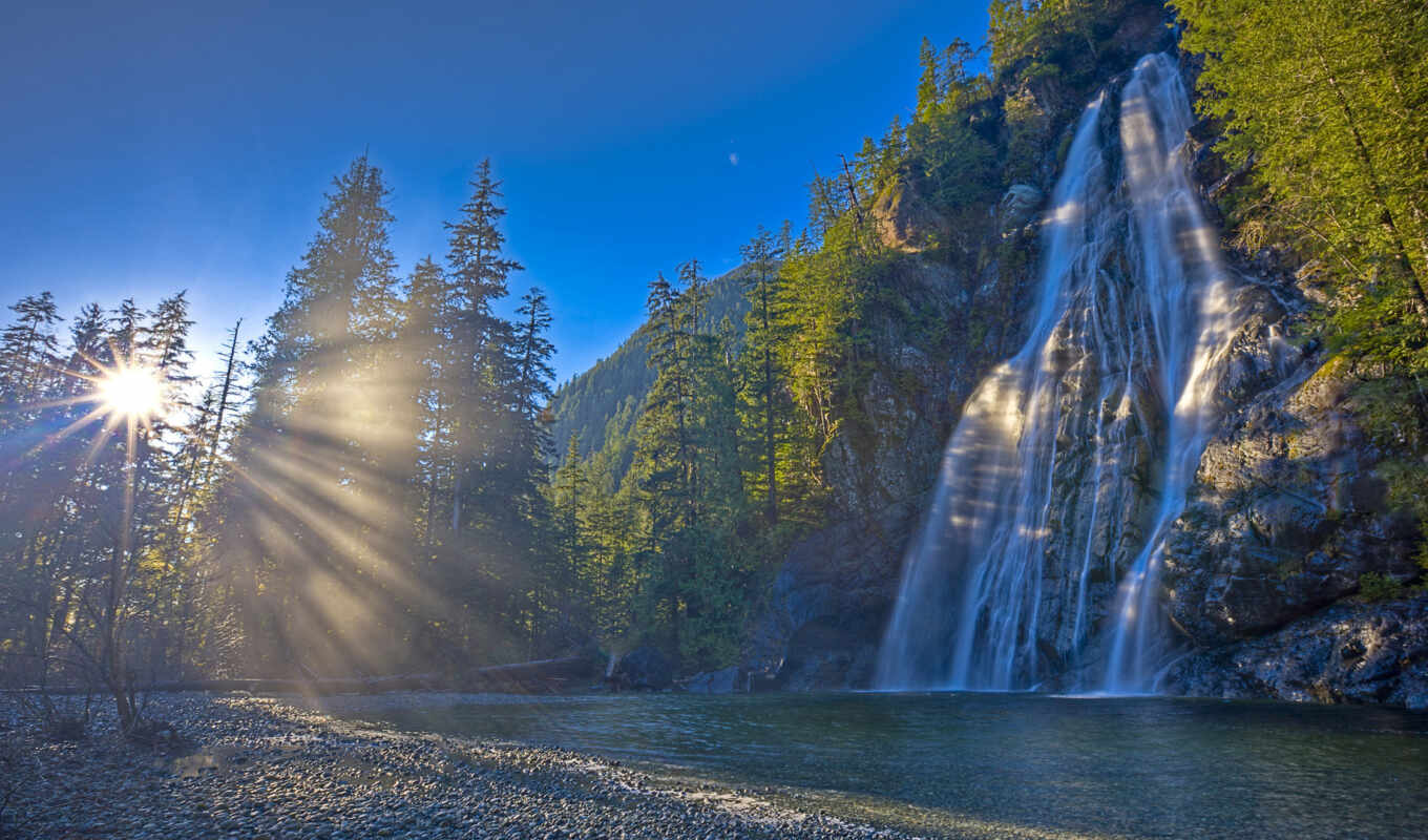 nature, sun, forest, river, waterfall, trees, suns, rays, beautifully, canadian