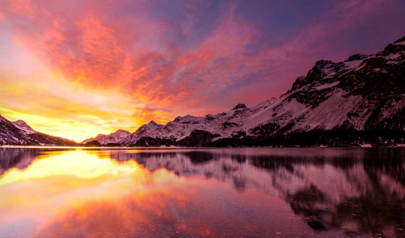 озеро, природа, закат, рассвет, winter, восход, mountains