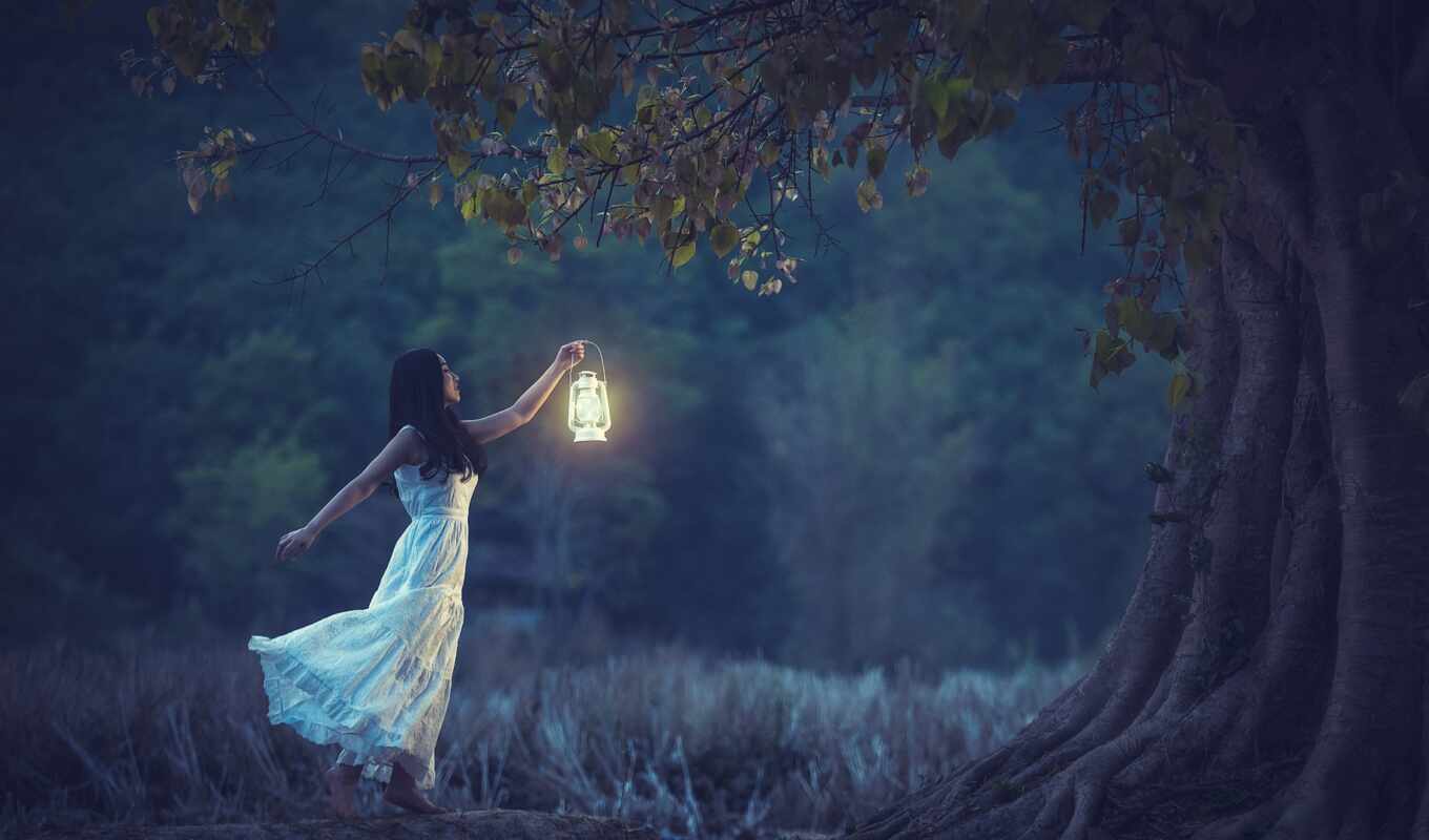 nature, photo, girl, white, tree, hold, lantern, narrow, arm, fore