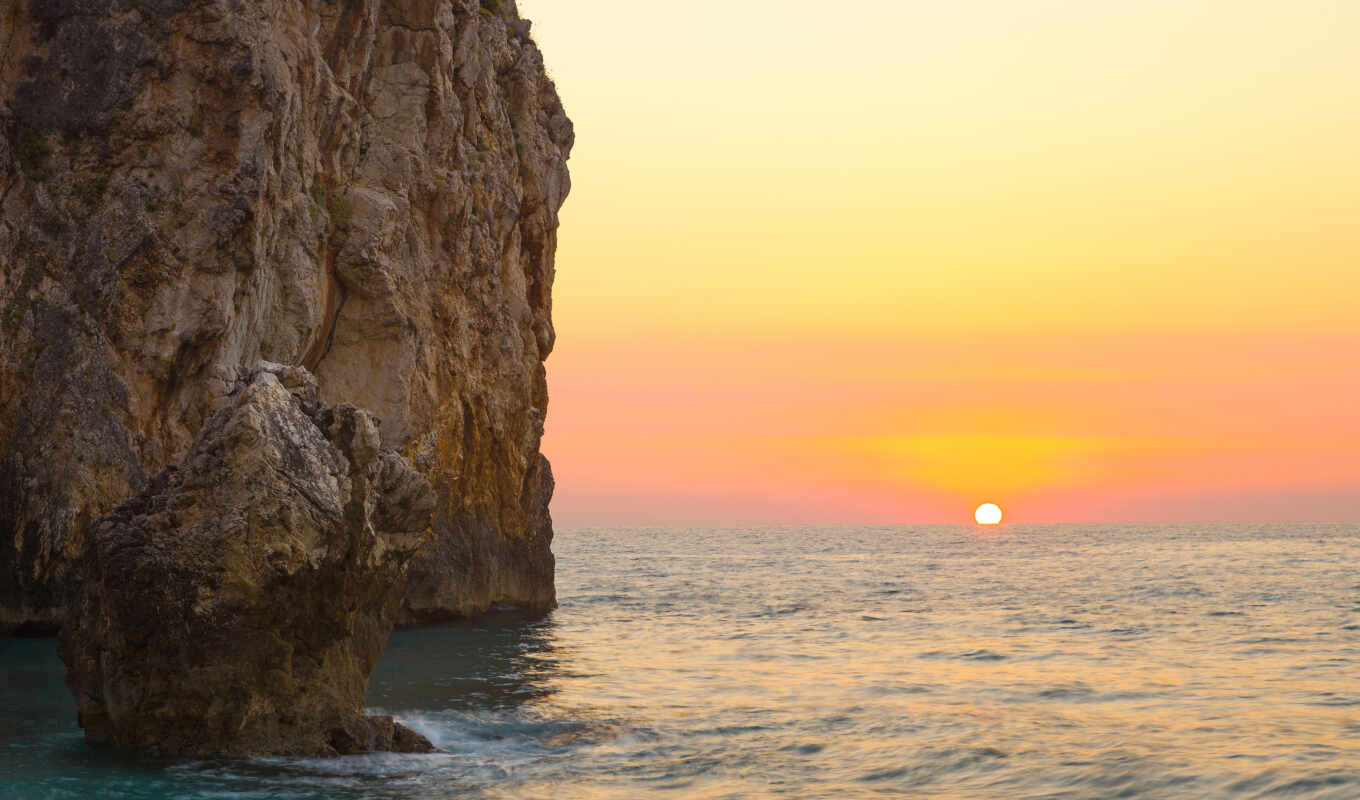 sunset, rock, sea