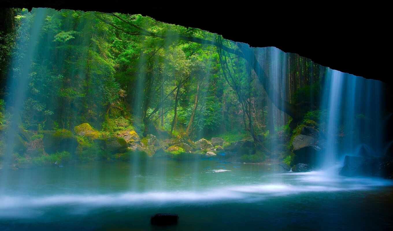 rock, waterfall, cave, screensaver