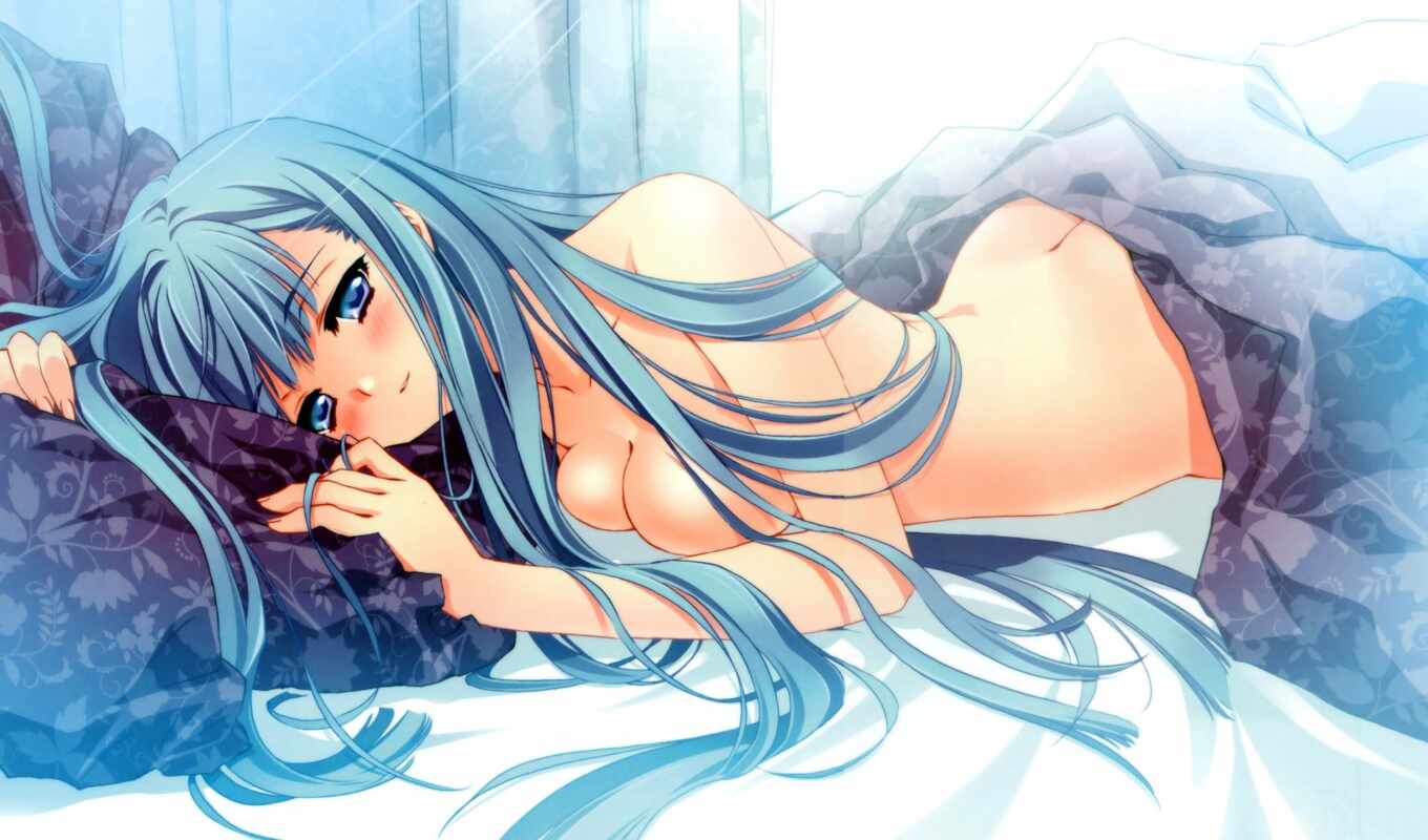 blue, девушка, sun, anime, волосы, кровать, ray, ложь