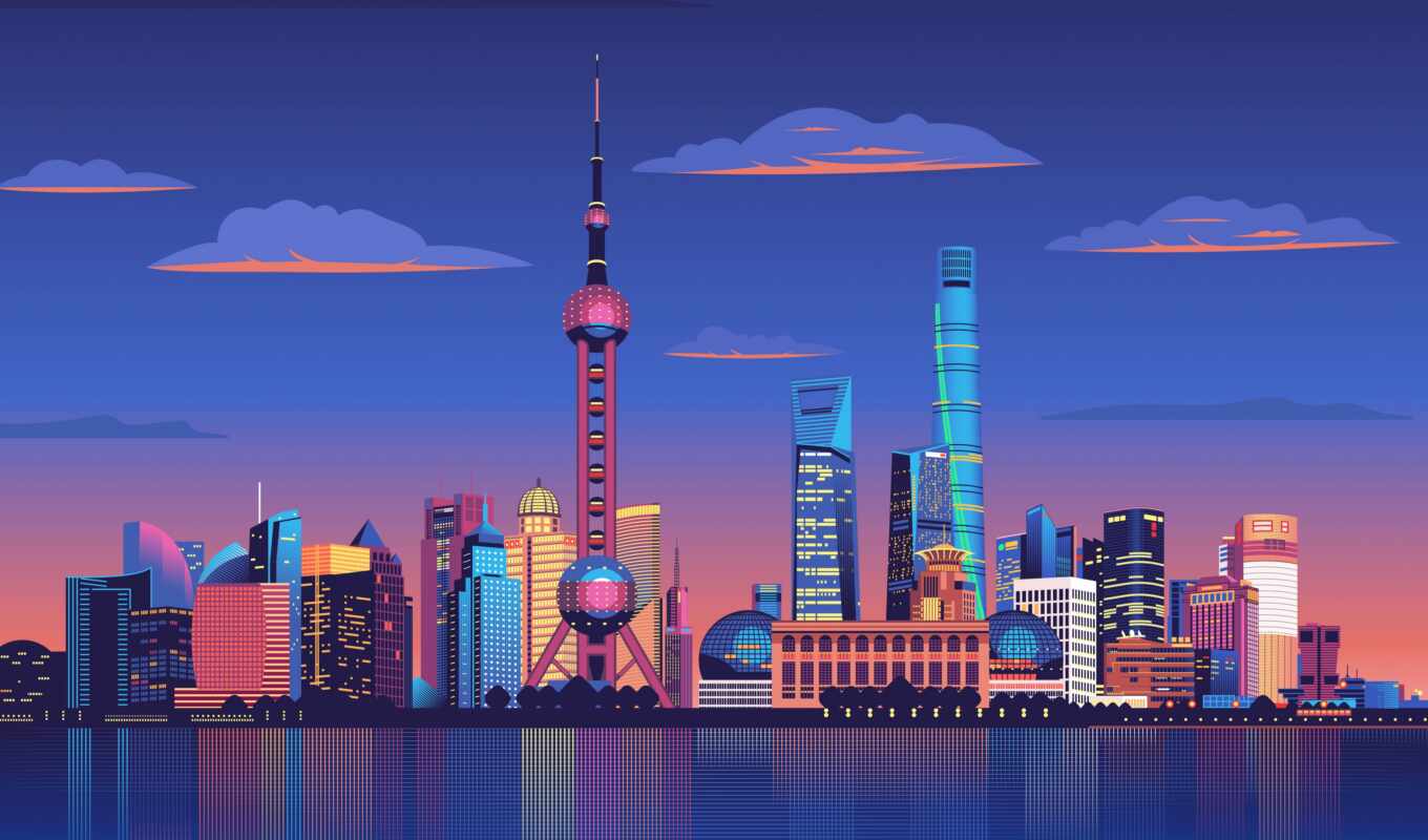 art, graphics, vector, city, night, skyline, illustration, shanghai, china, clip, royalty