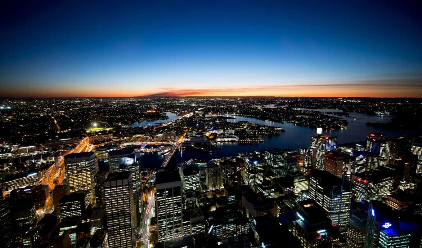 взгляд, город, ночь, австралия, sydney, панорама