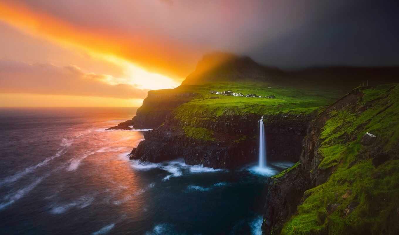 island, waterfall, sunrise