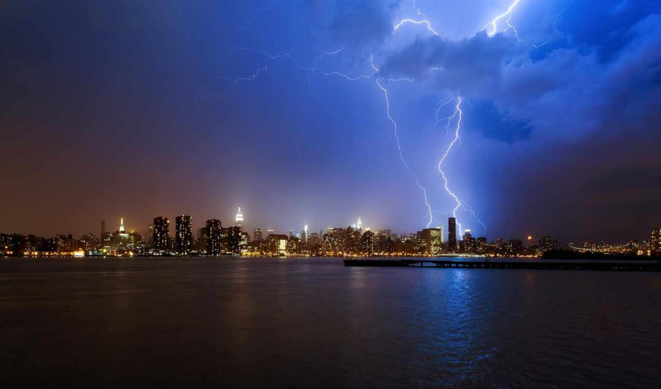 nature, sky, the storm, new, city, night, lightning, york