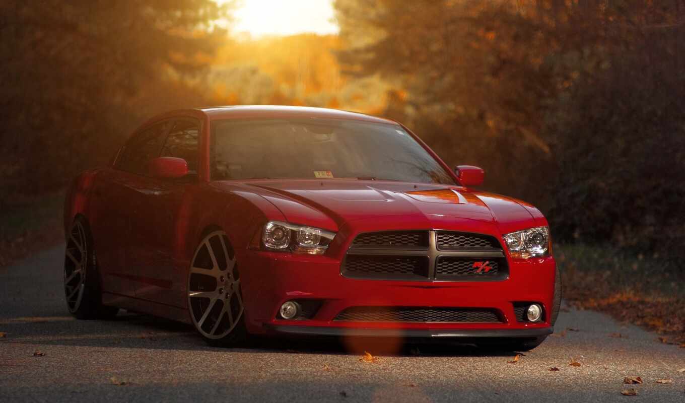 red, car, autumn, dodge, charger, charger