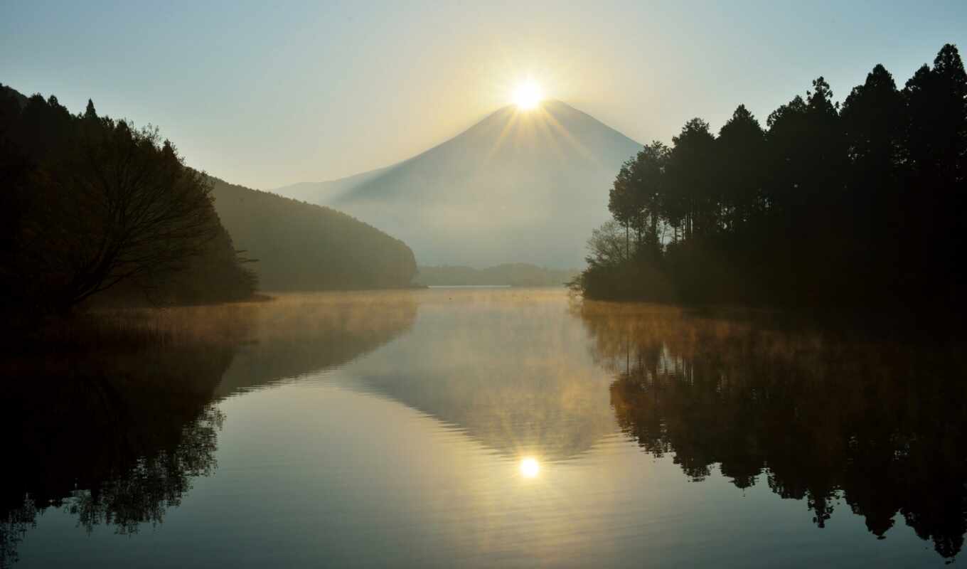 lake, nature, sun, tree, mountain, japanese, Japan, mount, fudziyamoi