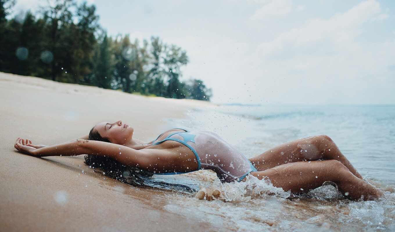 девушка, water, пляж, купальник, море, brunette, модель, see, волна, wet, seksit