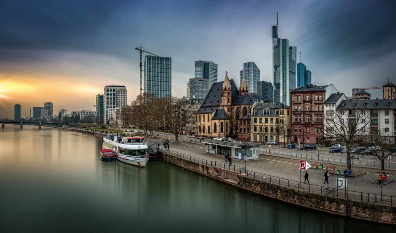 city, street, image, tower, Frankfurt, main, river, maina
