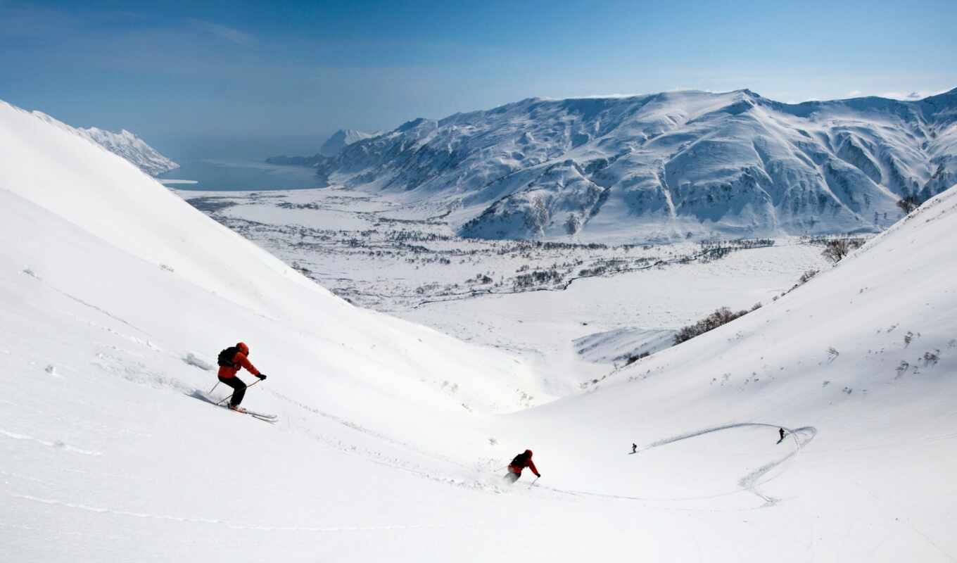 горы, снег, скорость, лыжи, спуск, долина