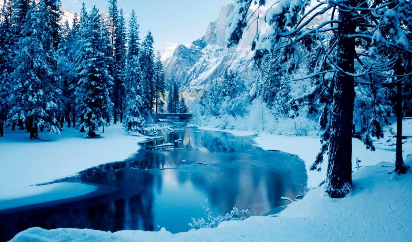 nature, a laptop, snow, winter, forest, mountain, river, drawing