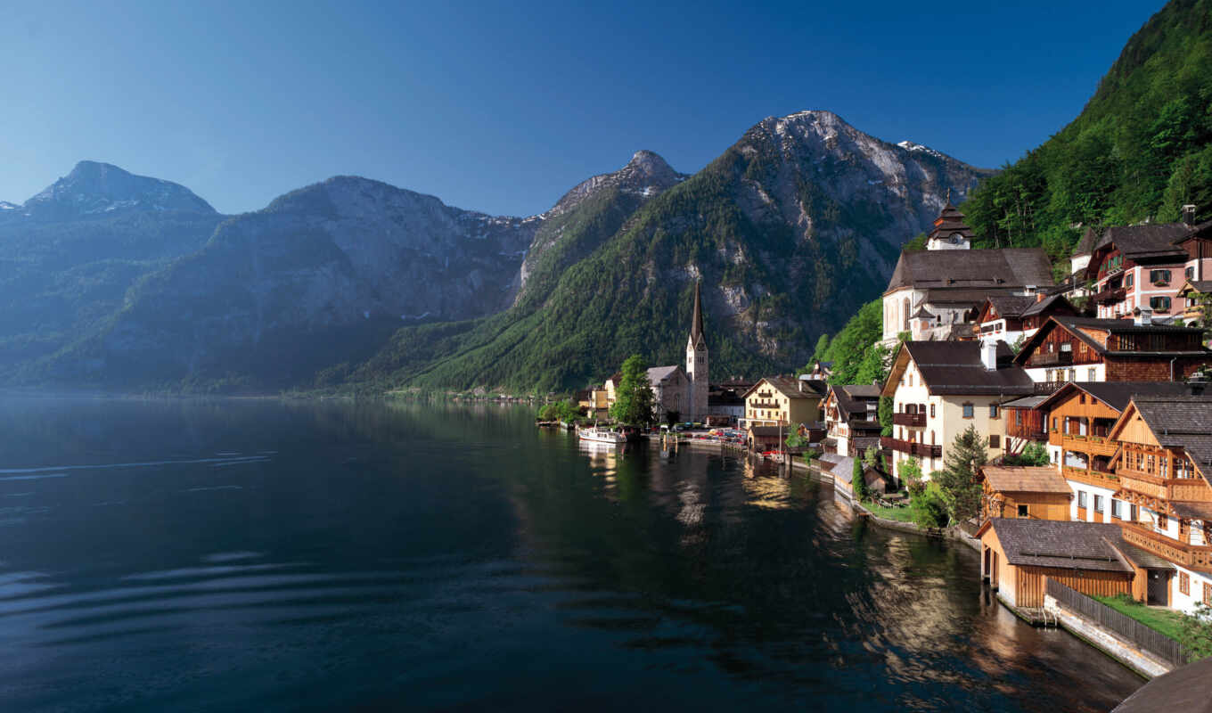 mountains, lake, Austria, hallstatt, coast, town