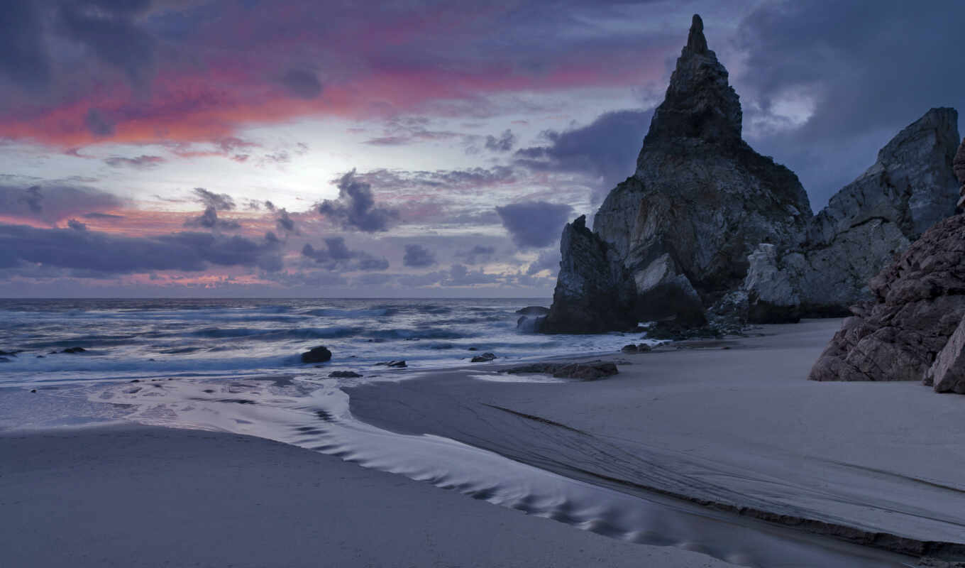 sky, sunset, evening, sea, coast, sand, surf, twilight, portugal, clouds, rocks