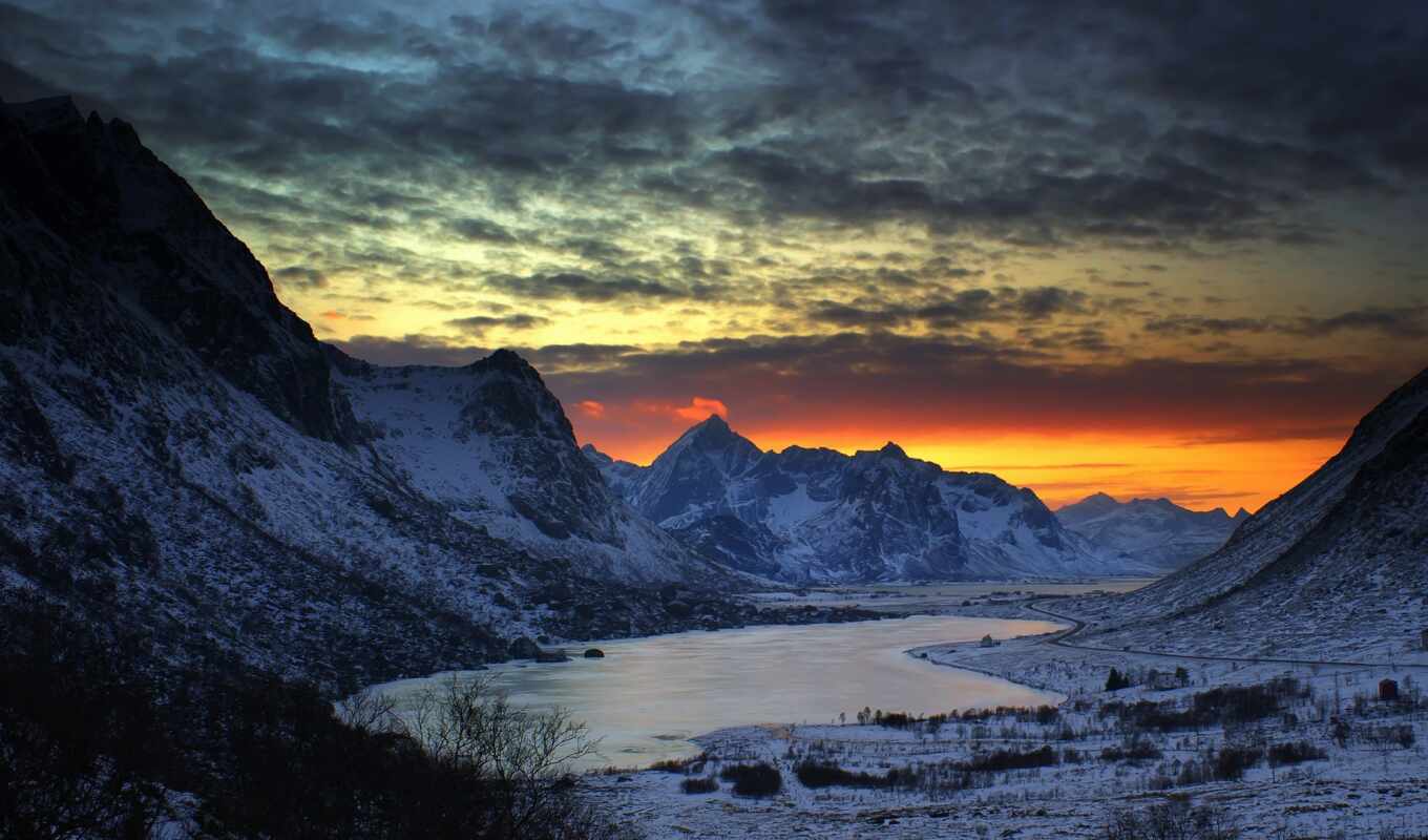 winter, north, morning, lakes, backgrounds, mountains