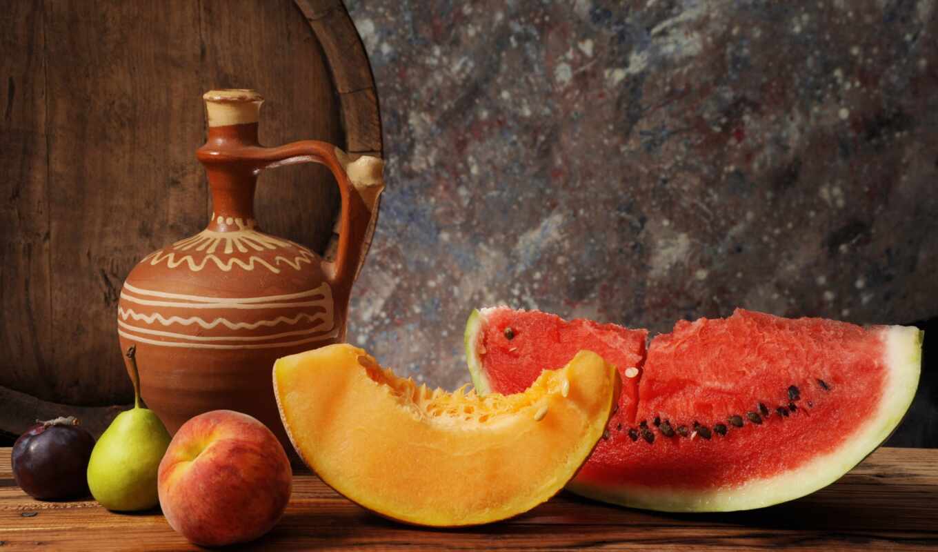 yours, peach, watermelon, barrels, cvety, kitchen, plum, pear, fruits, malone, still-life
