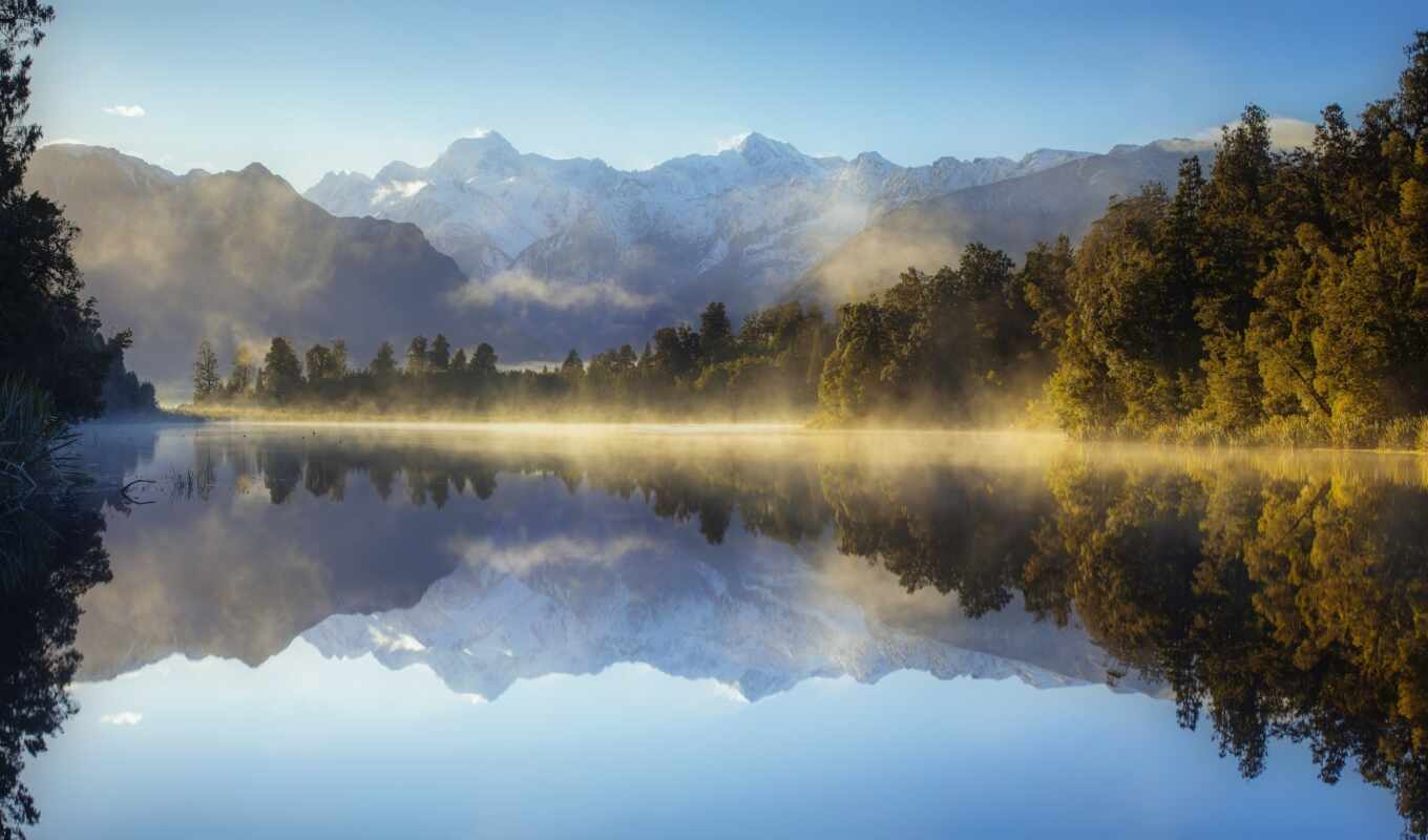 lake, tree, mountain, morning, zealand, fog, mount, matheson
