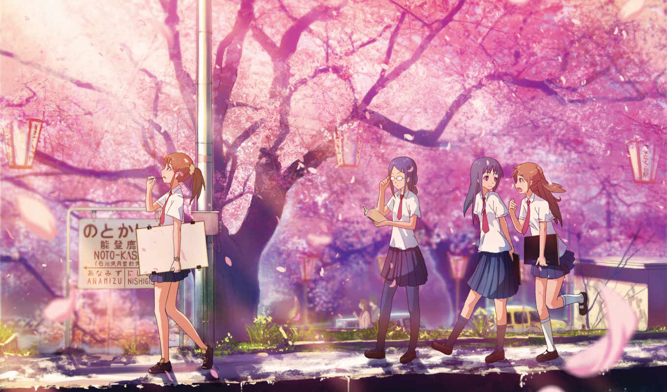 Сакура, cherry, blossom, розовые, японии, цветущая, школьницы