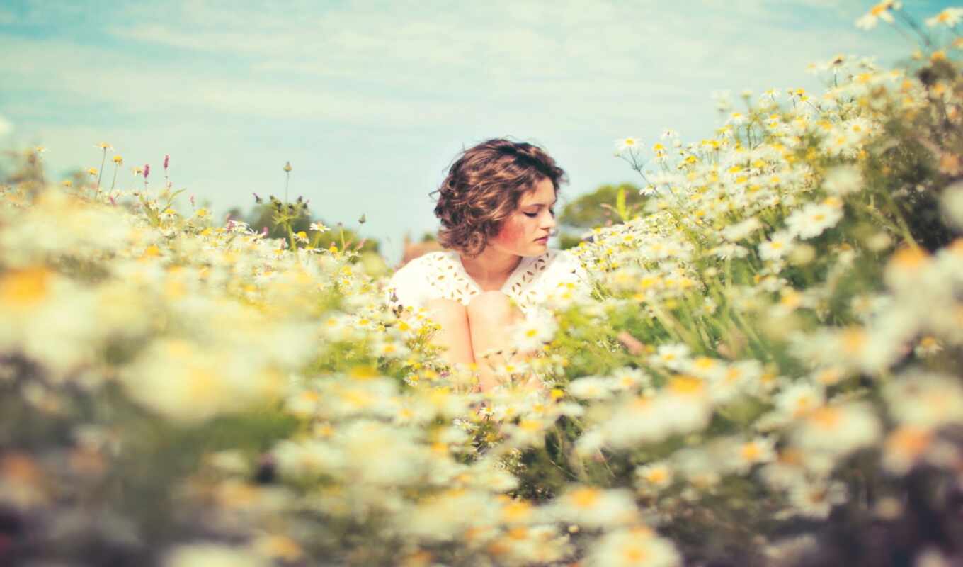 girl, summer, sun, field, mood, daisies