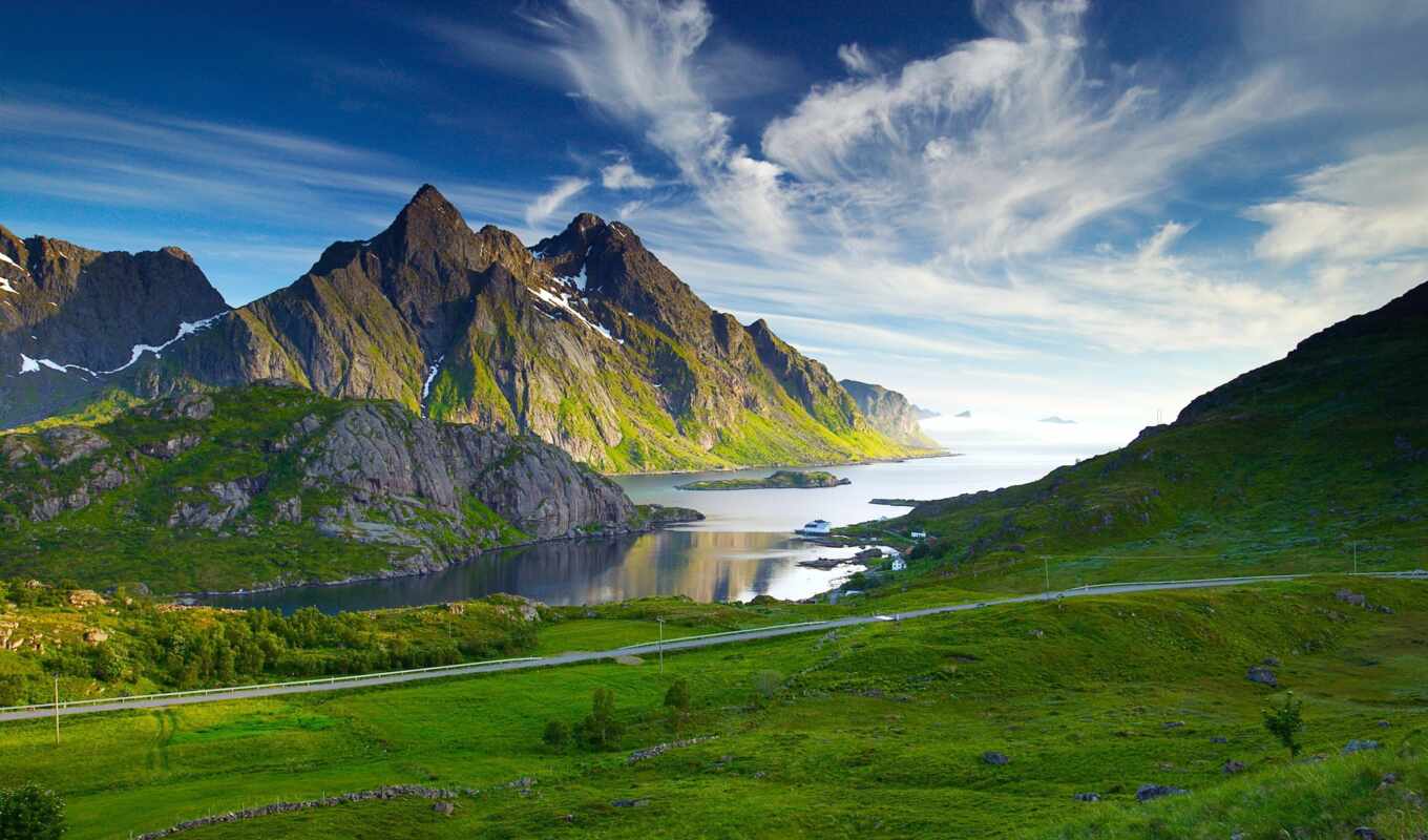 небо, дорога, landscape, красавица, река, горы, скандинавские