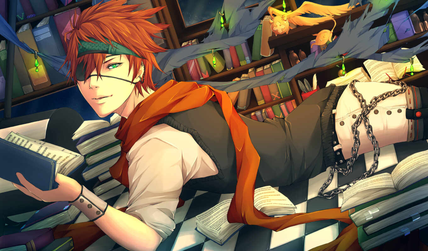 art, red, anime, guy, books, bandage, scarf, stay down