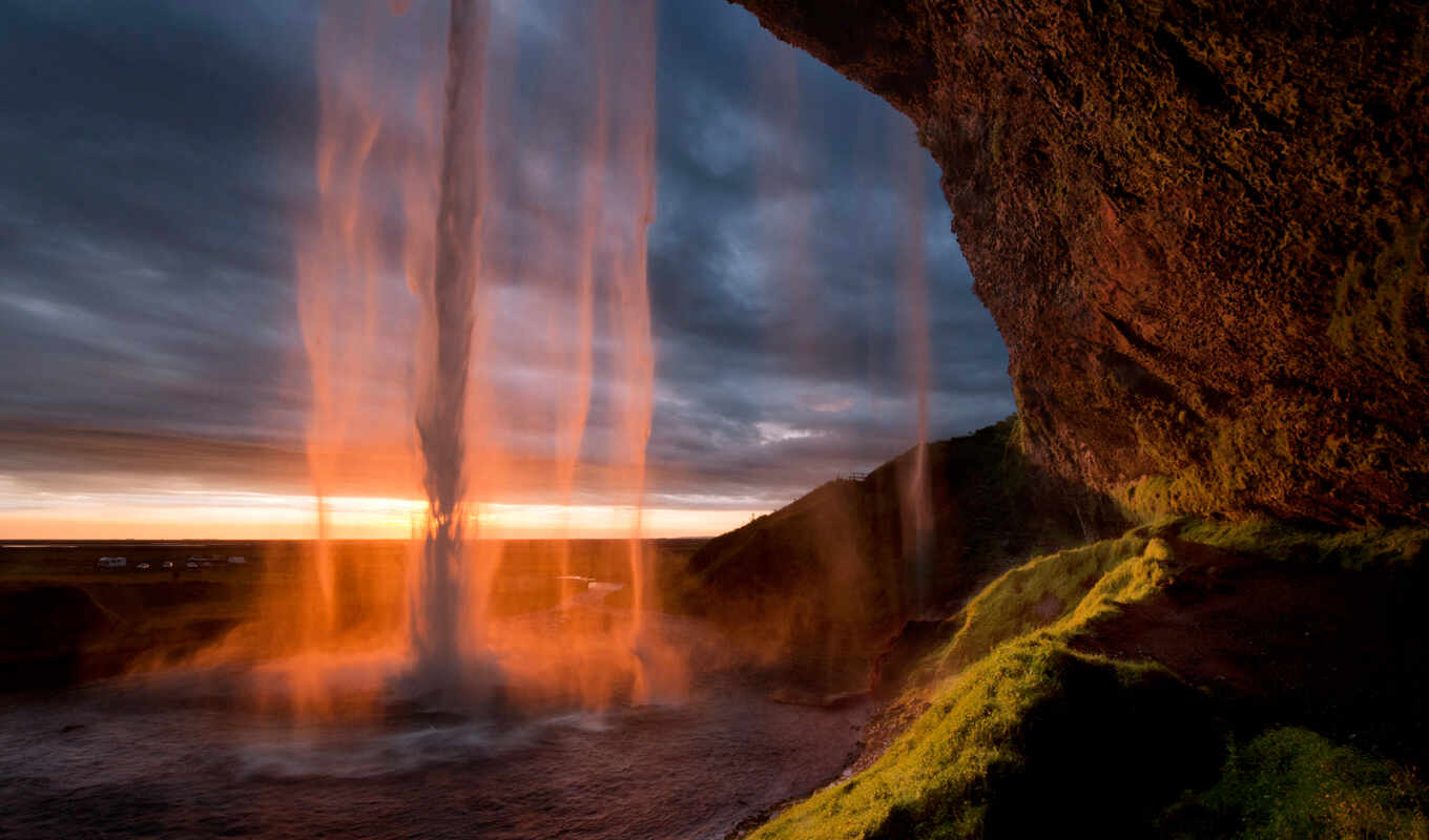 sunset, waterfall, rock